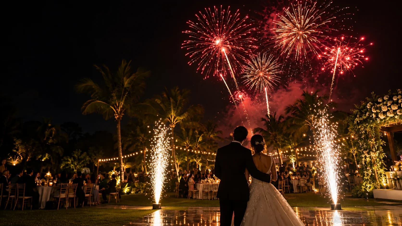 Boda nocturna al aire libre con fuegos artificiales y fontanas de chispas