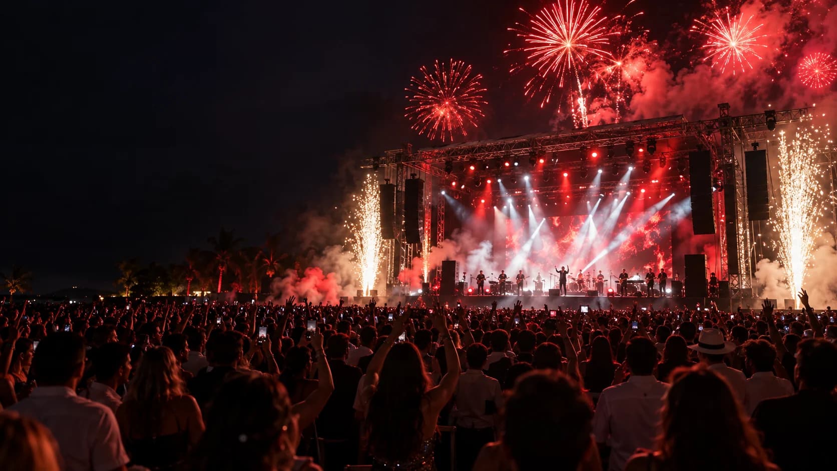 Fuegos artificiales sobre un espectáculo con efectos de escenario